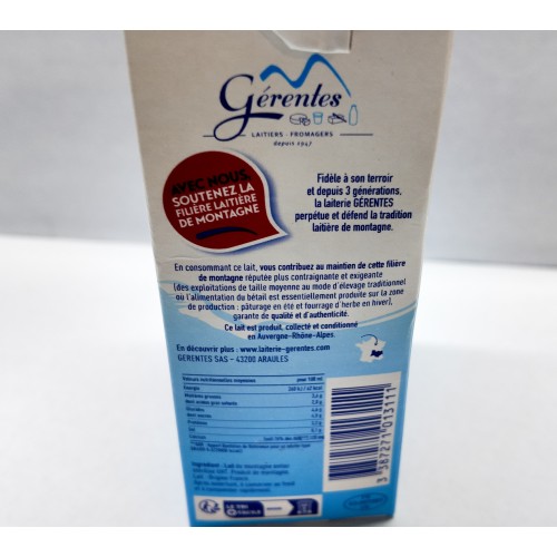 Lait de montagne entier pasteurisé – Gérentes - 1L