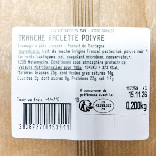 Raclette de montagne - Poivre - 200g
