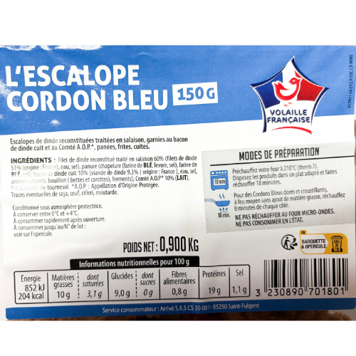 Cordon bleu Escalope de poulet au comté x 6 piéces de 150 gr