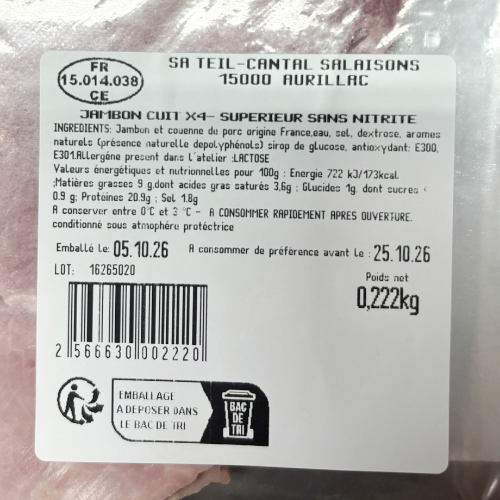 Jambon sans nitrite 4 tranches - 200g | Boucher en ligne