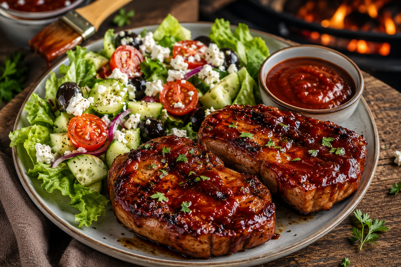 Pavés de porc sauce barbecue et salade à la feta