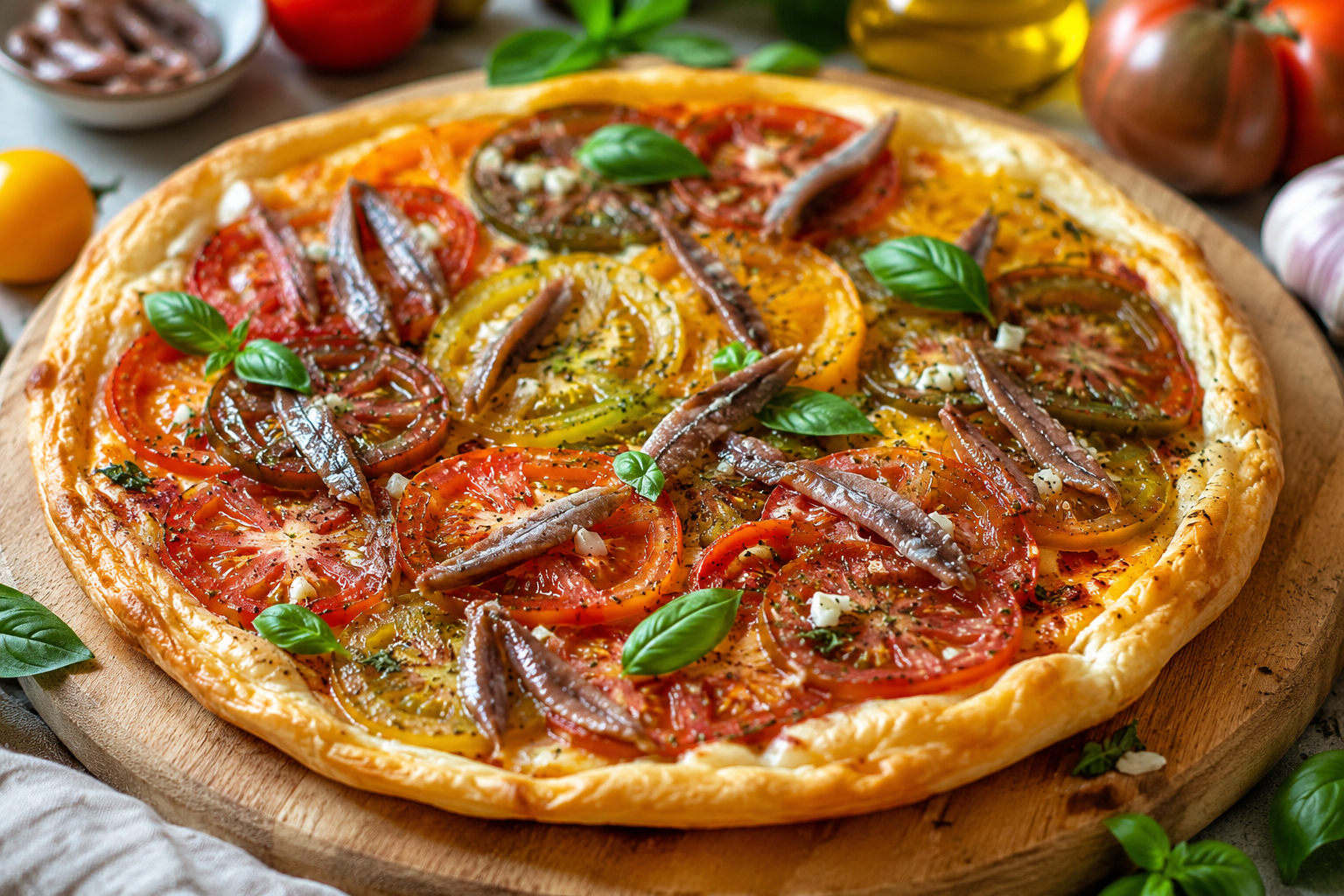 Tarte fine aux tomates anciennes, anchois à l'ail et basilic