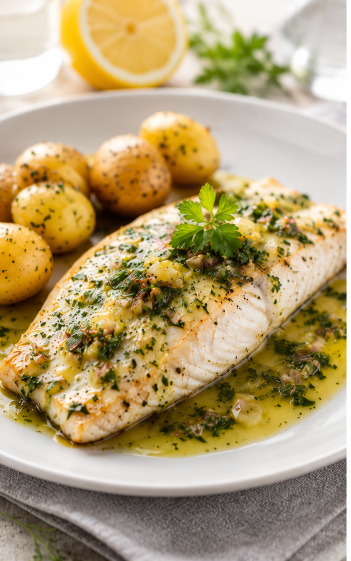 Dos de lingue bleue rôti, beurre citronné aux herbes