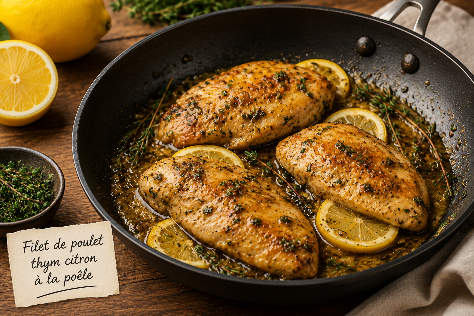 Recette de filet de poulet thym citron à la poêle