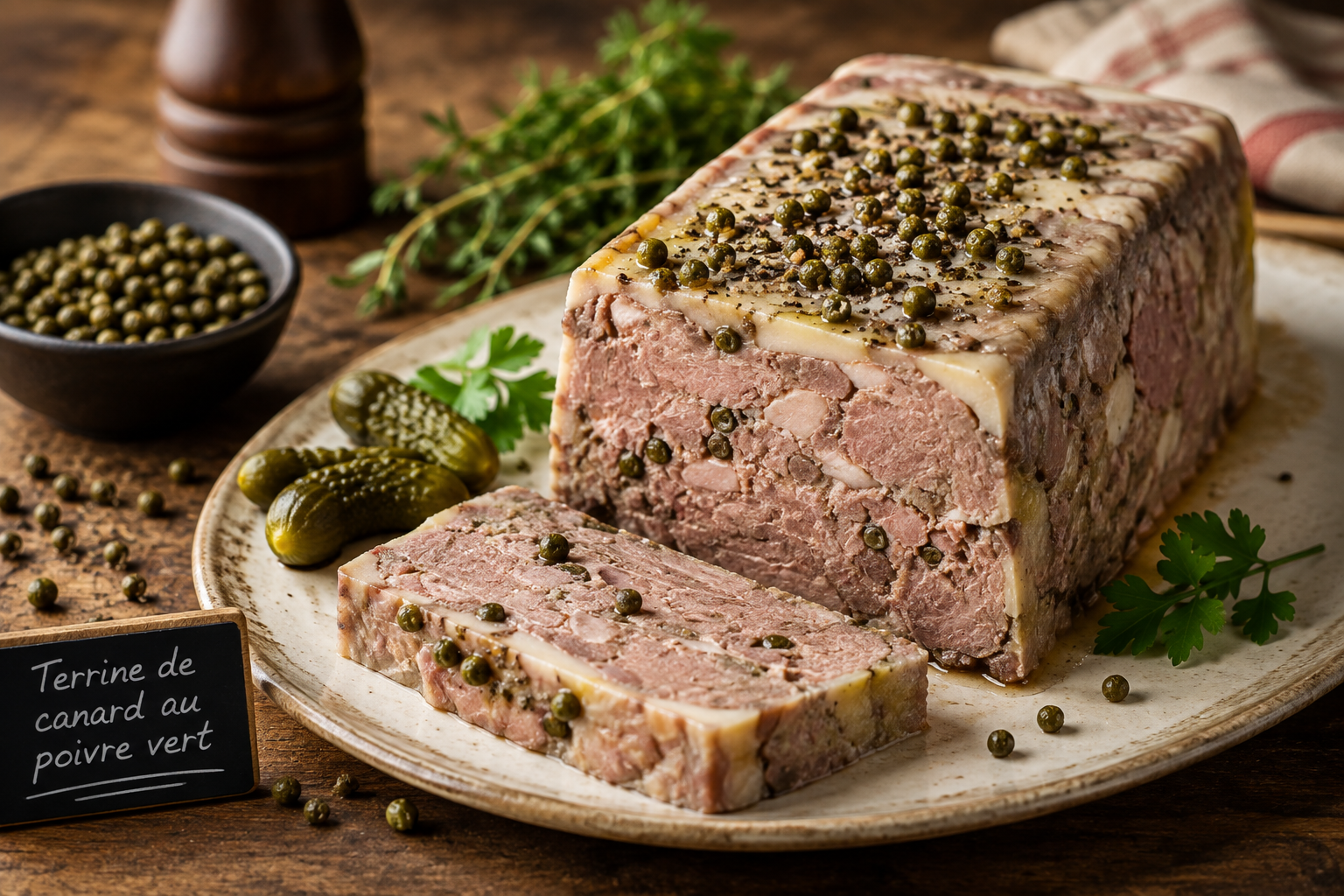 Terrine de canard au poivre vert, salade et pain de campagne