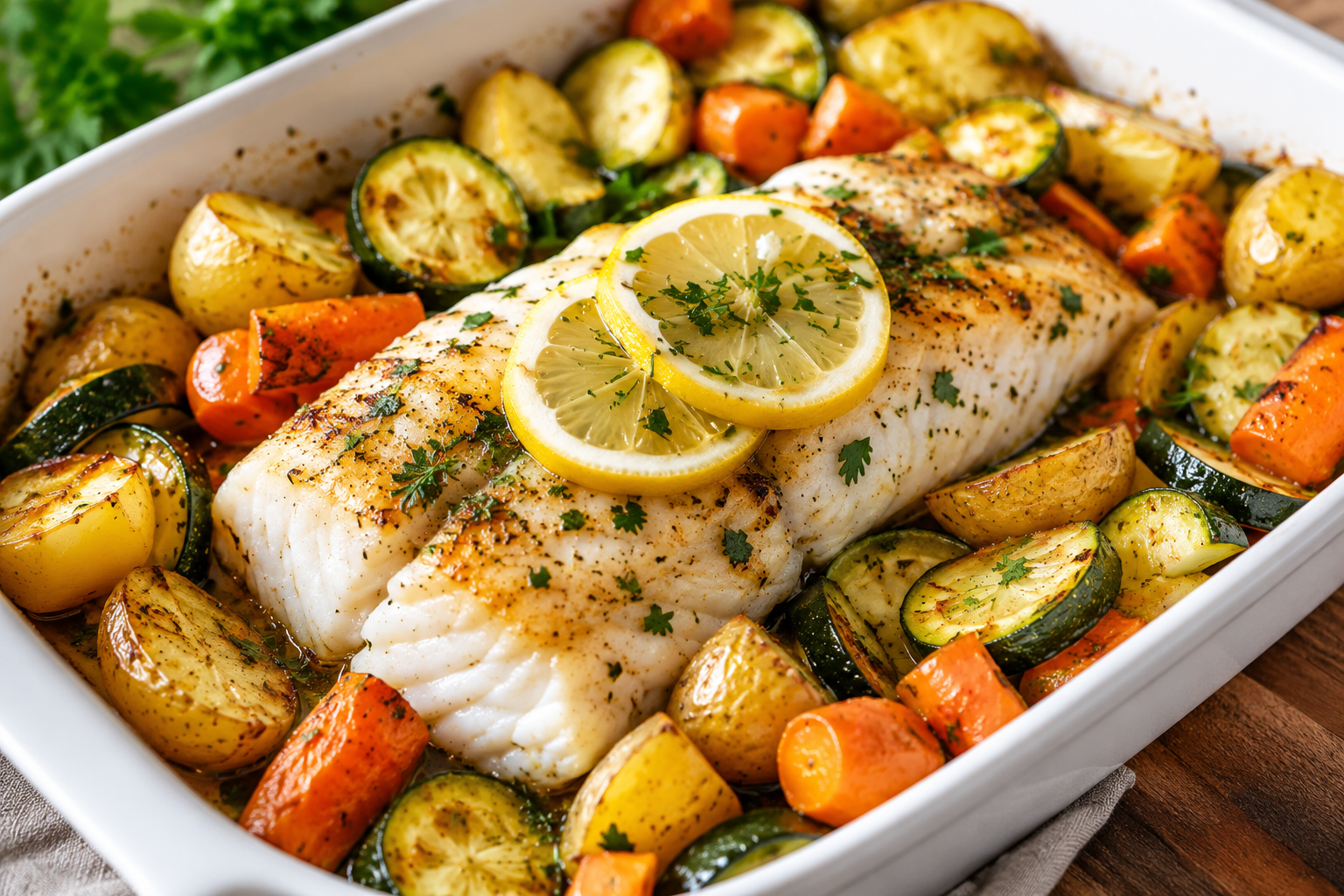 Filet d'églefin au four, légumes rôtis et citron