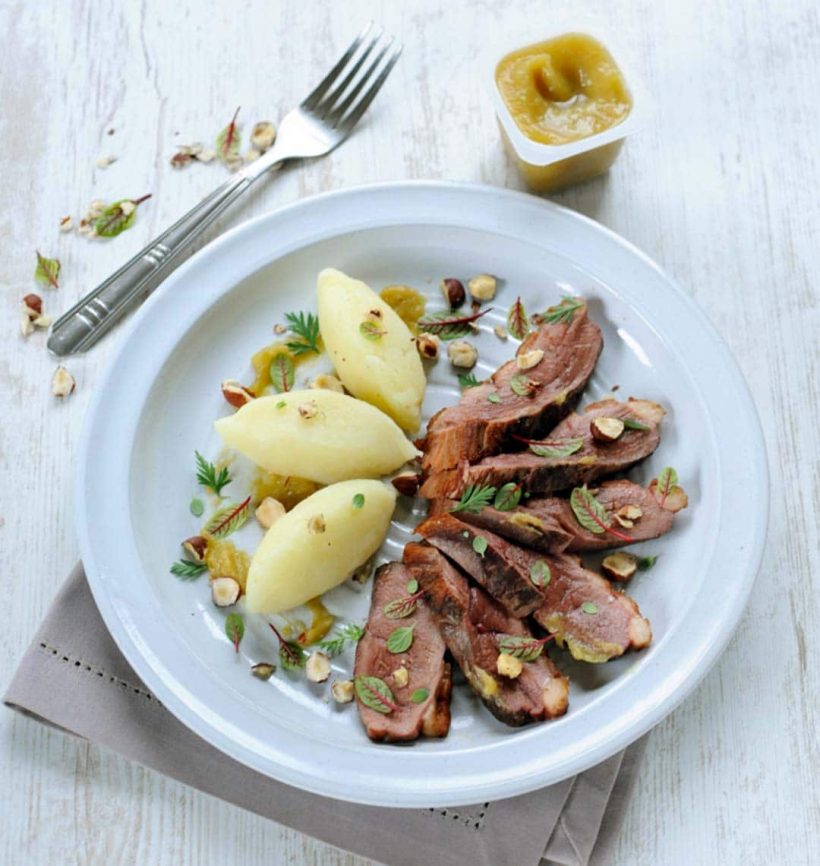Magret de canard, purée de céleri-rave & champignons poêlés