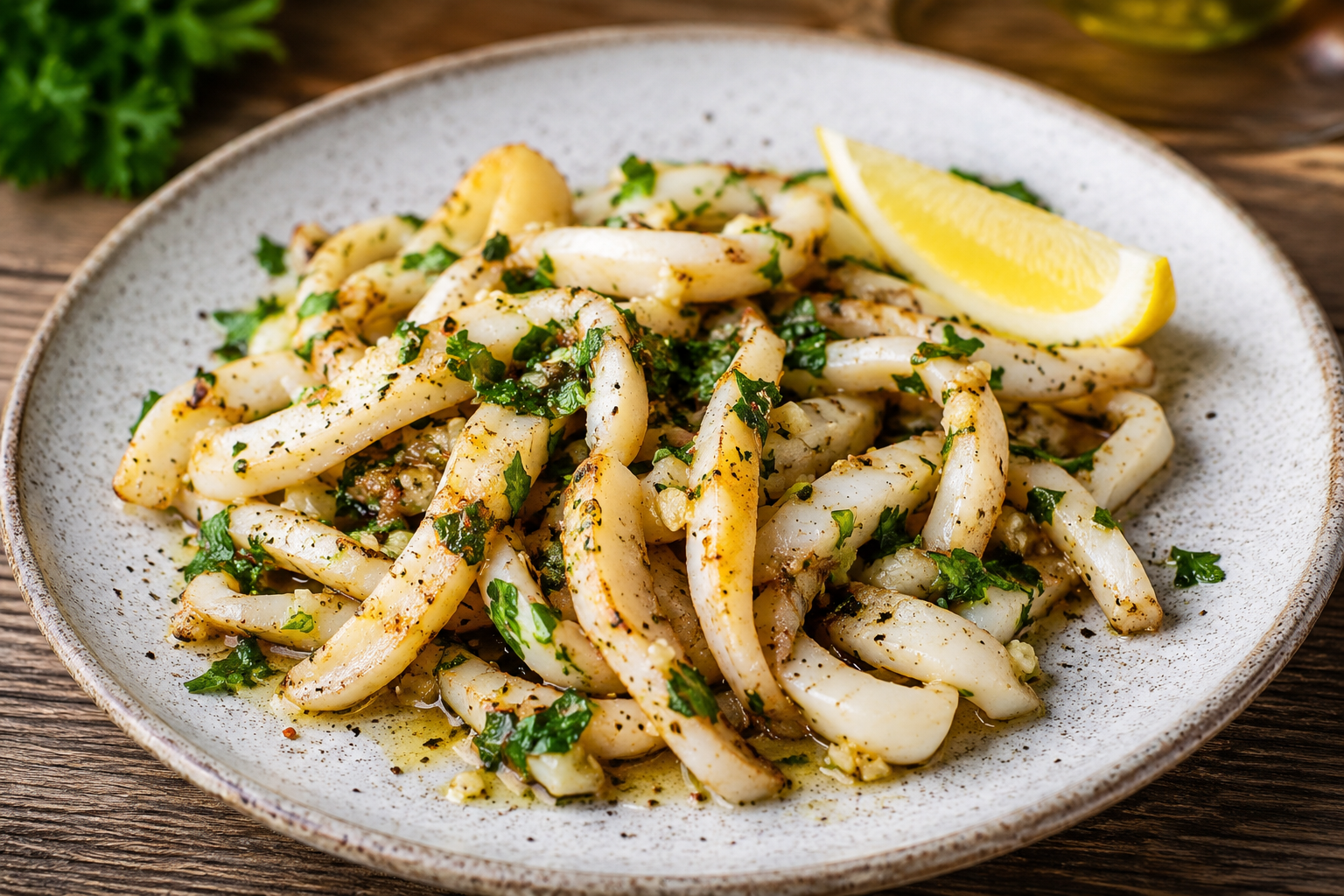 Lamelles d’encornet à l’ail, persil & citron